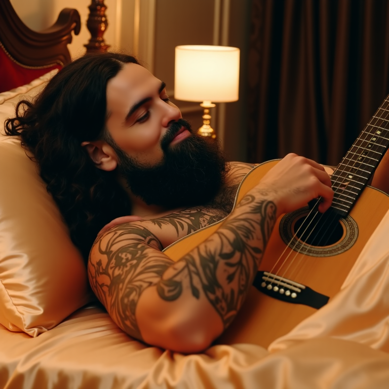 Seb dans son lit avec une guitare